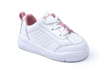 white toddler sneaker shoe with laces and pink accents