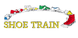 Shoe Train Logo parece un tren en el que los vagones son zapatos